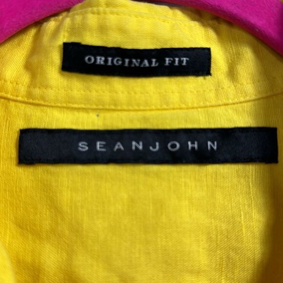 Sean John Shirt Mens Yellow Linen Blend Short Sleeve Logo Pocket Button Casual - Picture 6 of 13
